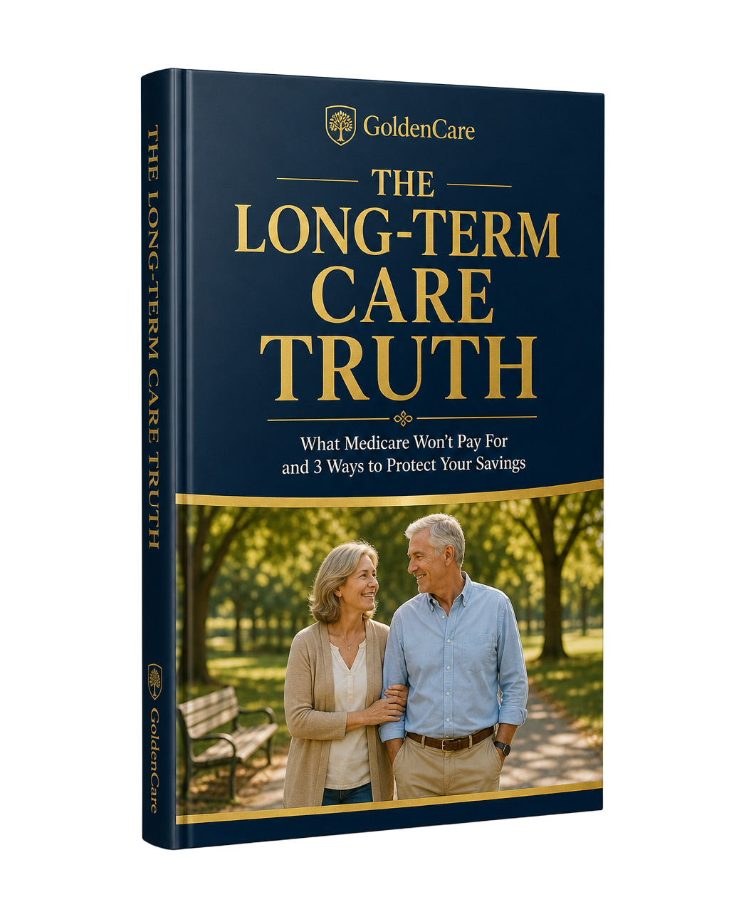 3D cover mockup of The Long-Term Care Truth guide by GoldenCare